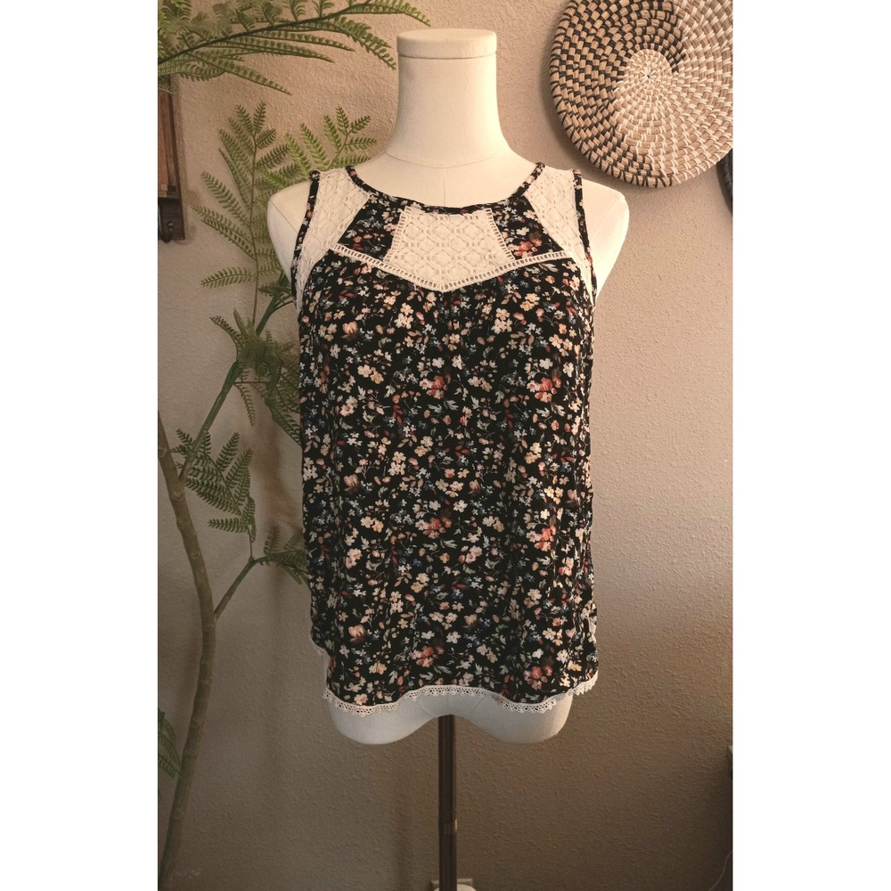 Jolt Womens Floral Lace Yoke Tank Top Black Multi‎ Sleeveless Boho Small